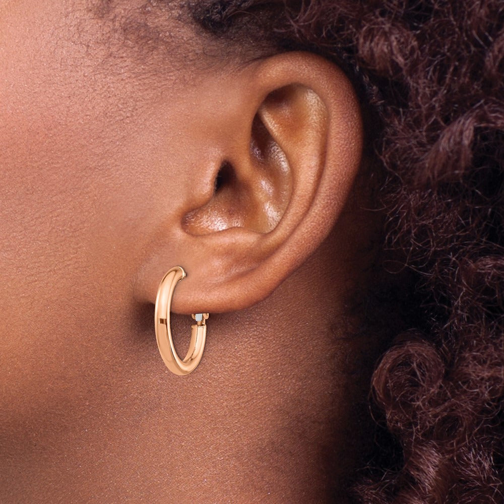 Polished Round Omega Back Hoop Earrings — 14K Rose Gold, 3x22mm