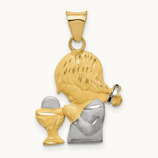W/Rhodium D/C Girl Communion Semi-solid Pendant, 14K