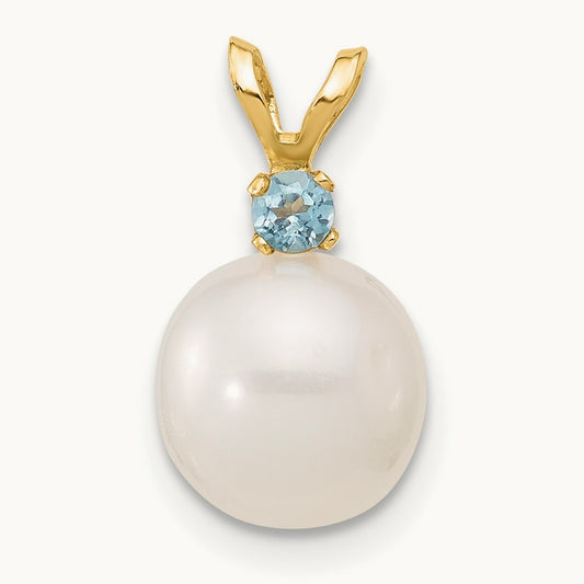 Blue Topaz 8- White Round FWC Pearl Pendant, 8.5mm, 14K