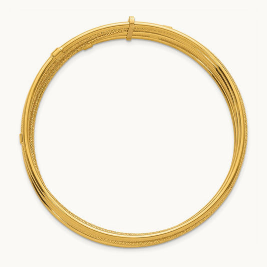 Polished and Textured 7 Row Slip On Bangle, 14K