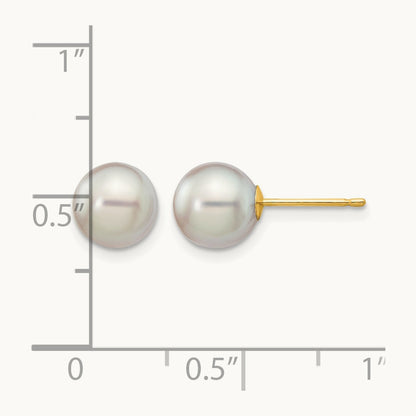 7- Round Grey Saltwater Akoya Cultured Pearl Stud Post Earrings, 8mm, 14K