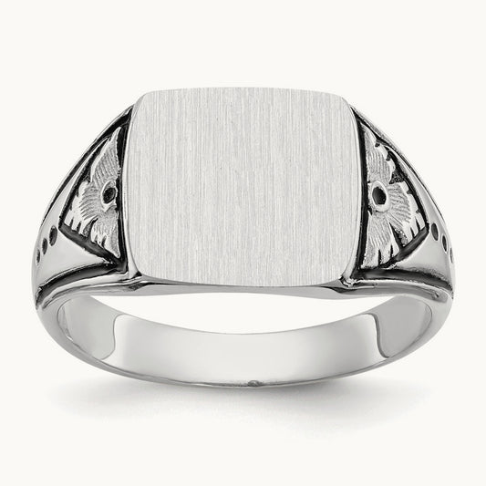 11.5x11. Closed Back Antiqued Mens Signet Ring, 0mm, 14K White Gold