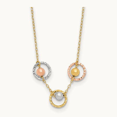 Tri-Color Polished D/C 3 Circle Beads Necklace, 14K