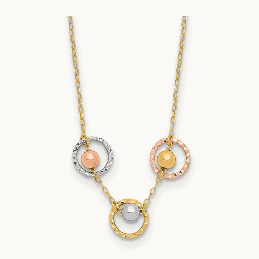 Tri-Color Polished D/C 3 Circle Beads Necklace, 14K