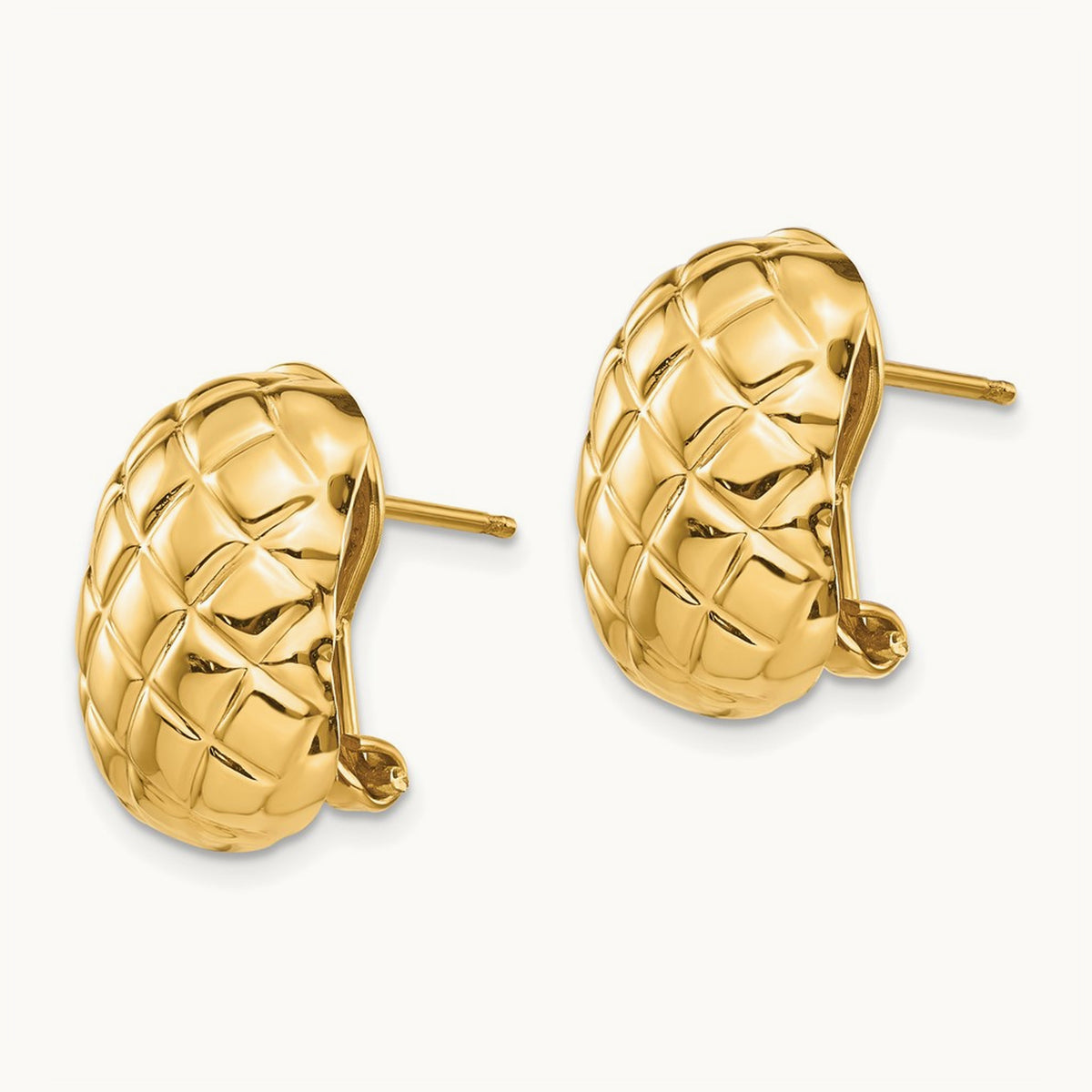 Polished Quilted Omega Back Post Earrings — 14K Yellow Gold