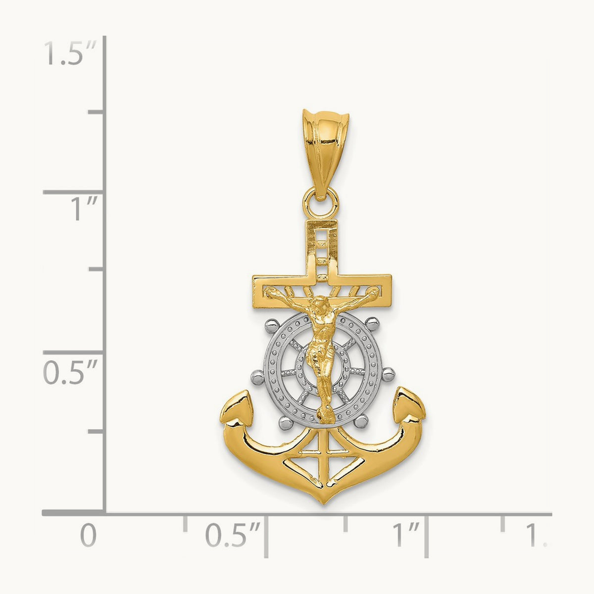 w/Rhodium Diamond-cut Mariners Crucifix Pendant, 14K