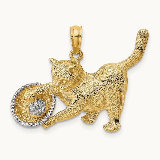 Rhodium Cat Playing with Yarn in Basket Charm, 14K