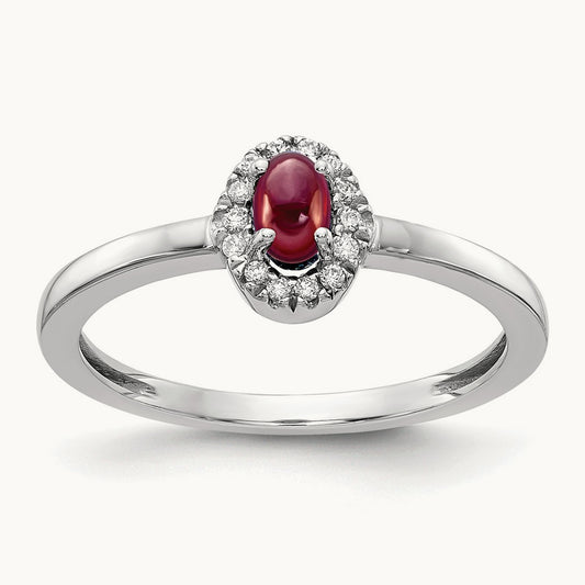 Diamond and Oval Cabochon Garnet Ring, 14K White Gold