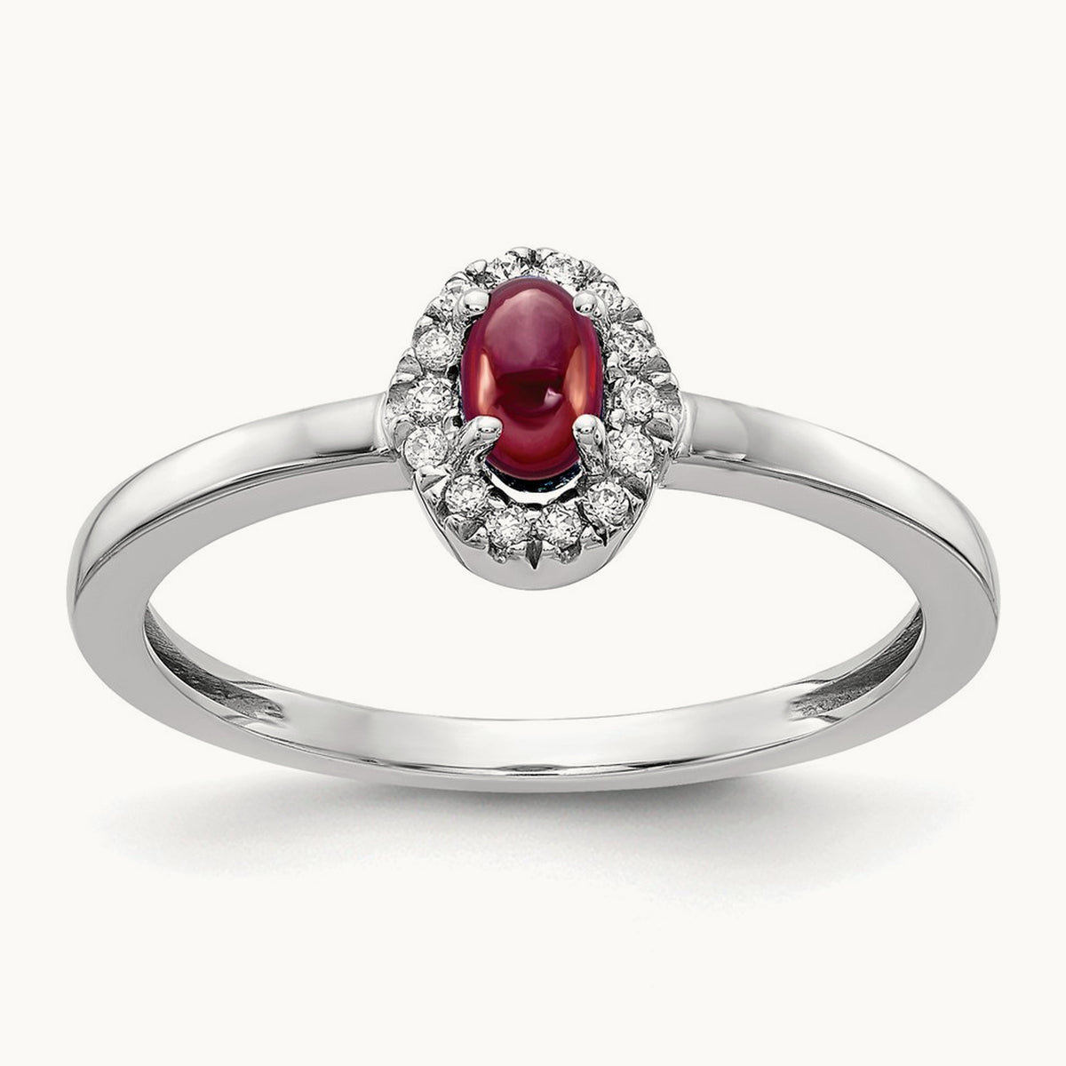 Diamond and Oval Cabochon Garnet Ring, 14K White Gold