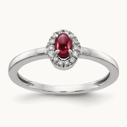 Diamond and Oval Cabochon Garnet Ring, 14K White Gold