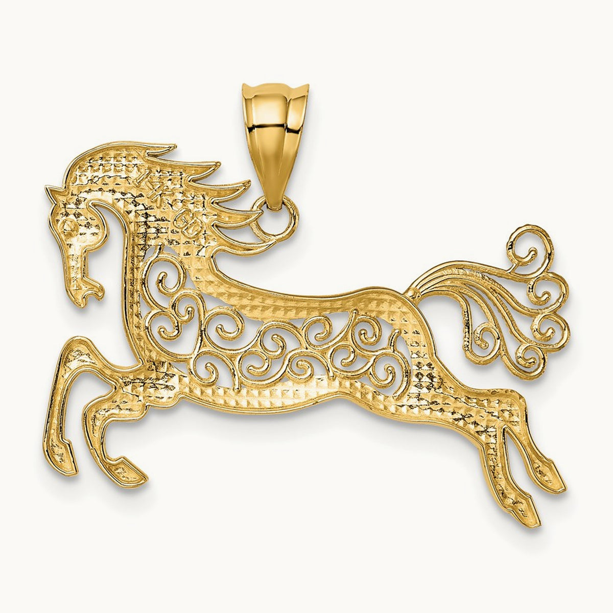 w/ Rhodium Filigree Horse Pendant, 14K