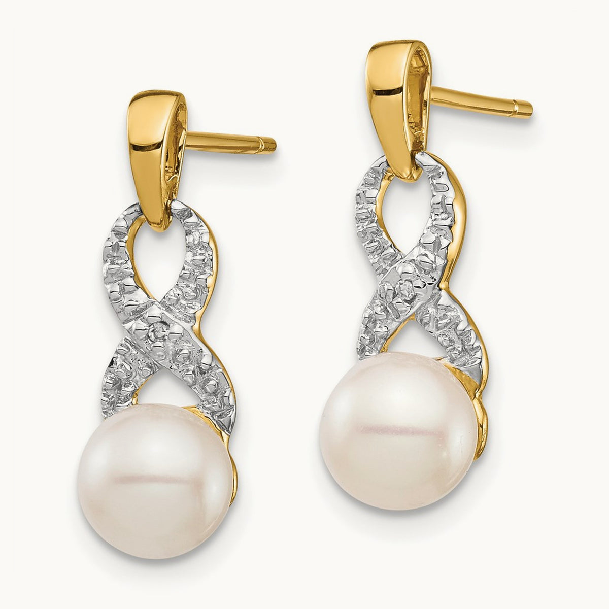 6- White Round FWC Pearl .01 Diamond Dangle Earrings, 7mm, 14K