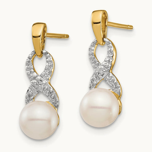 6- White Round FWC Pearl .01 Diamond Dangle Earrings, 7mm, 14K