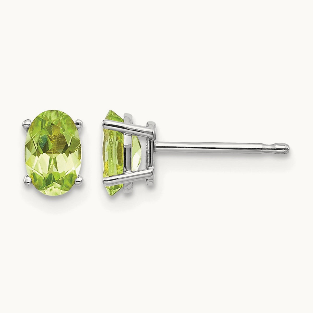 6x4 Oval August/Peridot Post Earrings — 14K White Gold