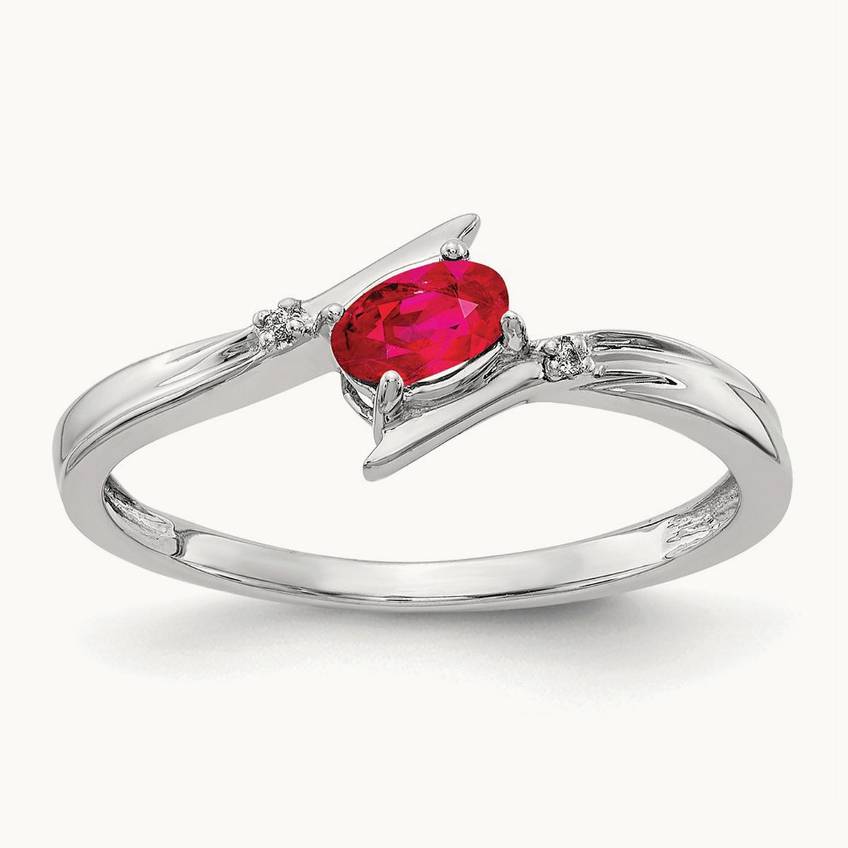 Polished Oval Diamond Ruby Bypass Ring, 14K White
