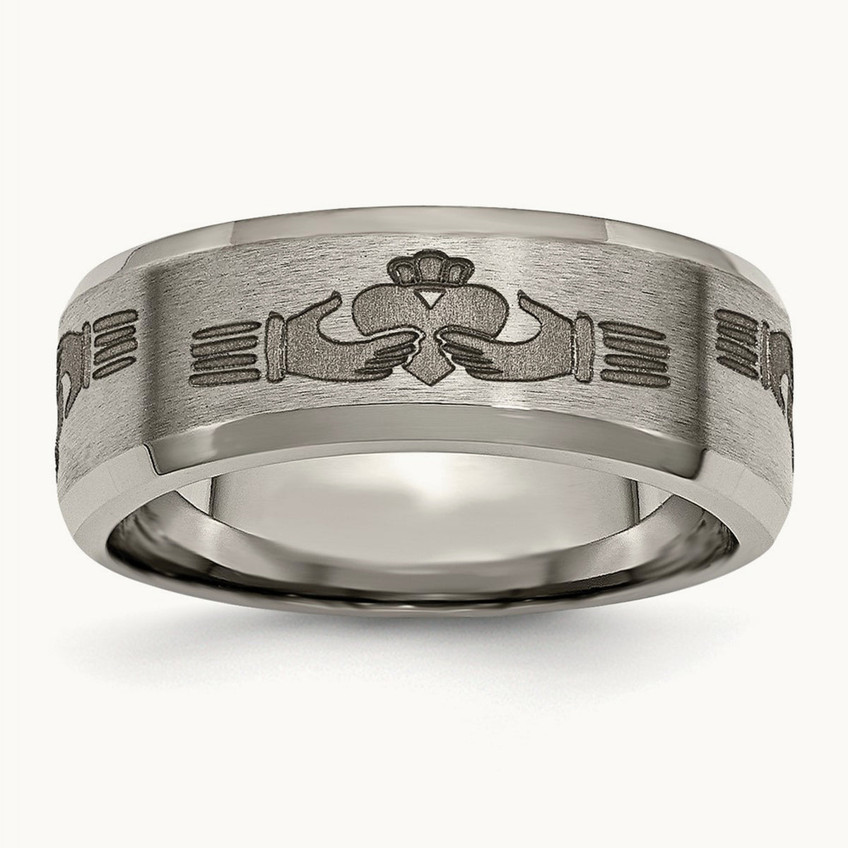 Brushed/Polished Claddagh Laser Design Beveled Edge Band — photo set