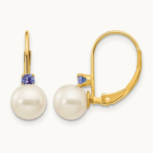 6- White Round FW Cultured Pearl Tanzanite Leverback Earrings, 6.5mm, 14K