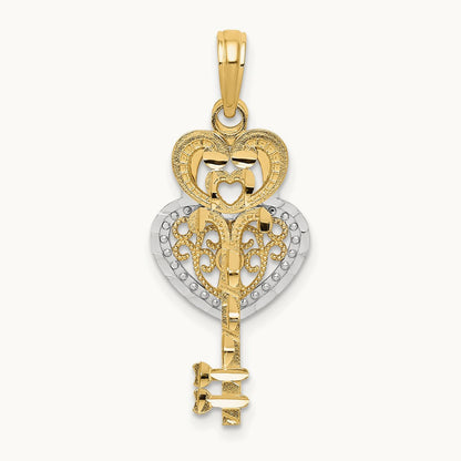 w/White Rhodium Moveable Filigree Heart Key and Lock Charm, 14K