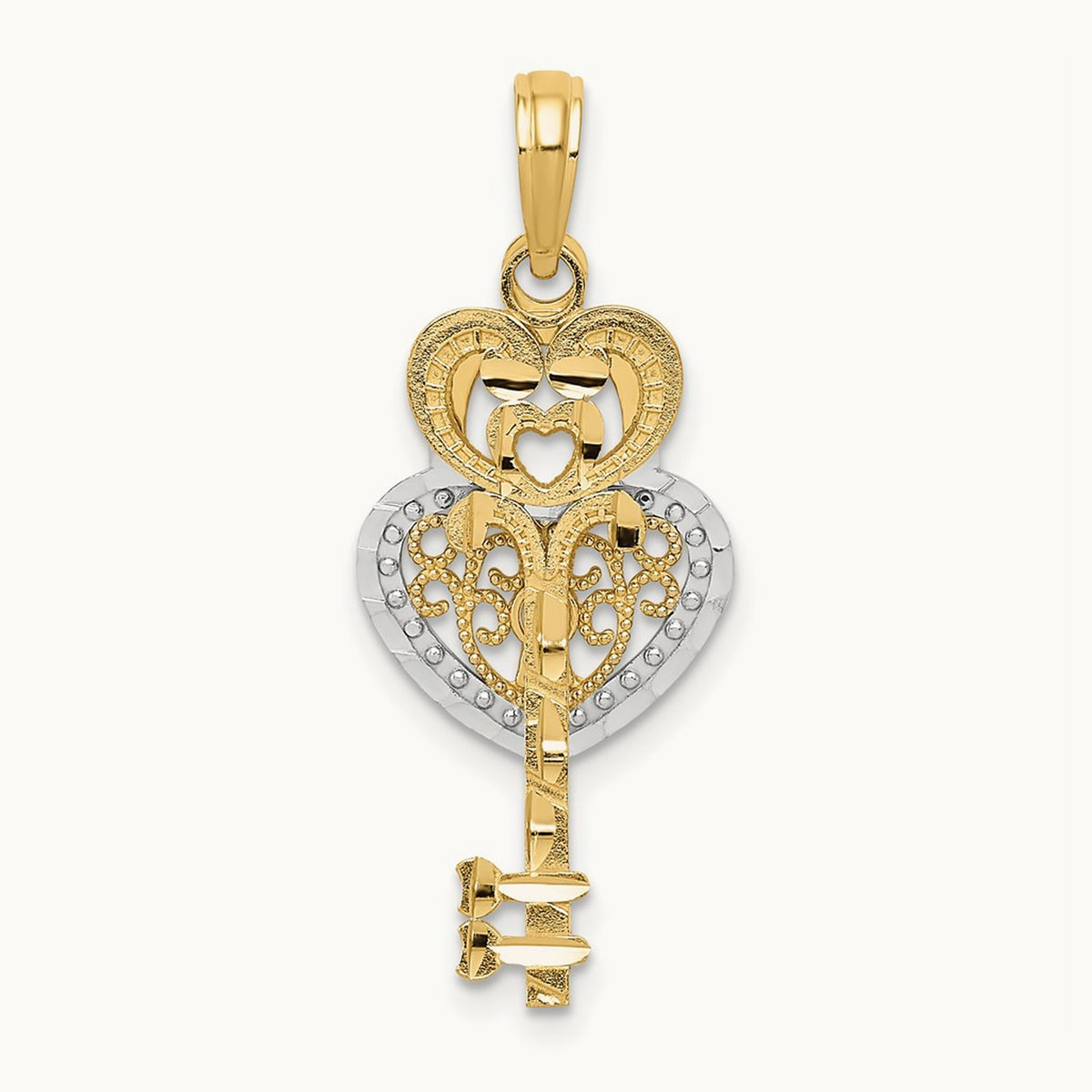 w/White Rhodium Moveable Filigree Heart Key and Lock Charm, 14K