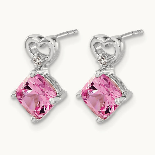 Created Pink Sapphire and Diamond Heart Earrings, 14K White Gold