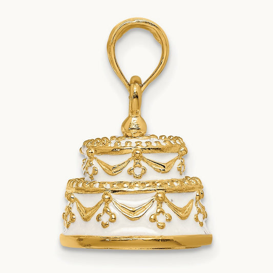 Polished Enameled JUST MARRIED 3-D Wedding Cake Pendant, 14K