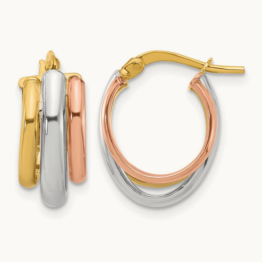 Rhodium/ Gold-plated Polished 3 Row Oval Hoop Earrings — 10K Two-Tone Gold