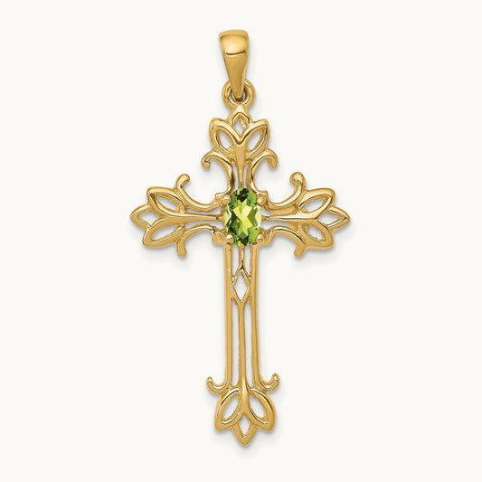 5x3mm Oval Peridot cross pendant, 14K