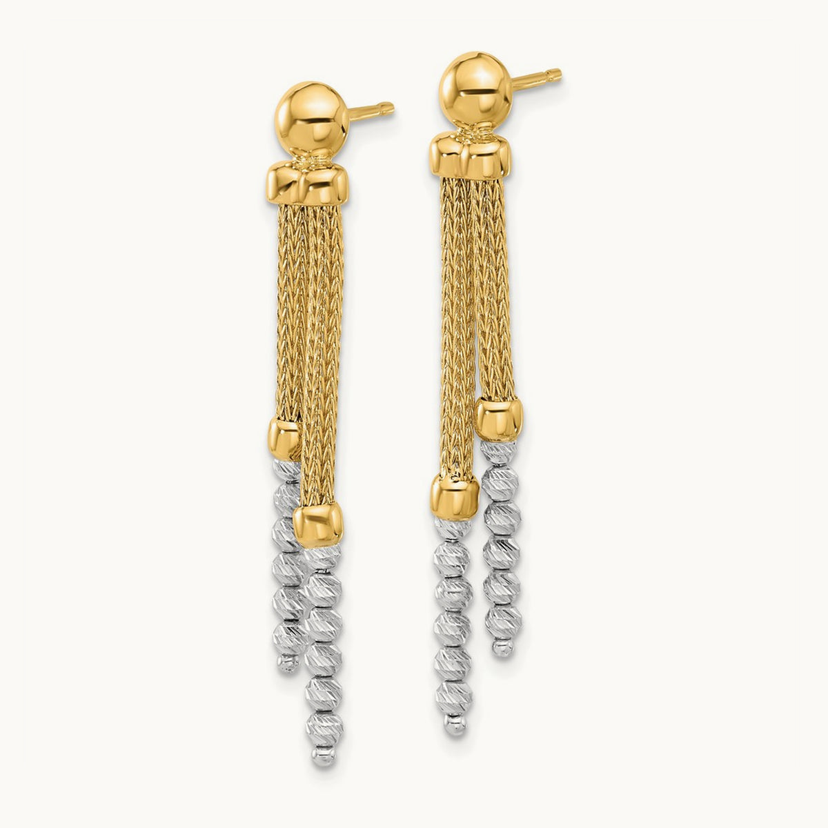 Polished and Diamond-cut Beaded Dangle Post Earrings, 14K Two-tone