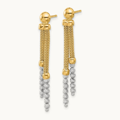 Polished and Diamond-cut Beaded Dangle Post Earrings, 14K Two-tone