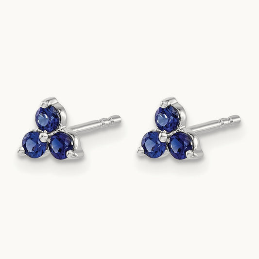 3-stone Created Sapphire Triangle Earrings, 14K White Gold