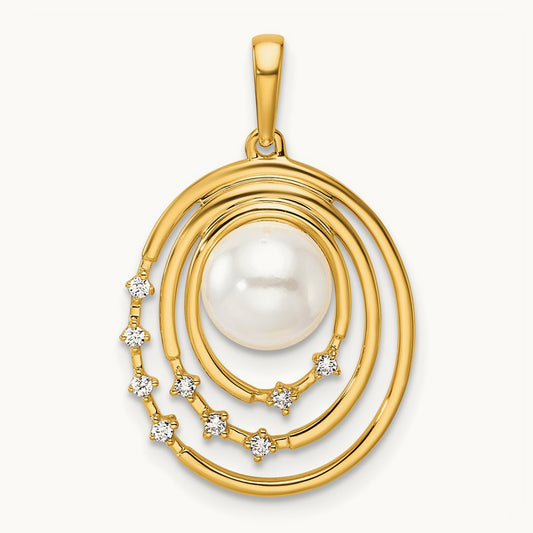 Polished Diamond and Pearl Ovals Pendant, 14K