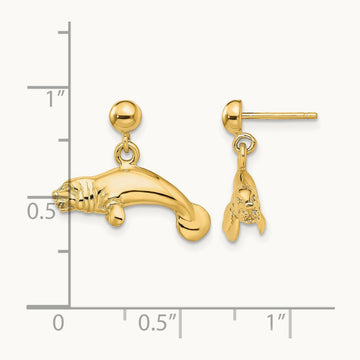 3-D Polished Manatee Dangle Earrings, 14K