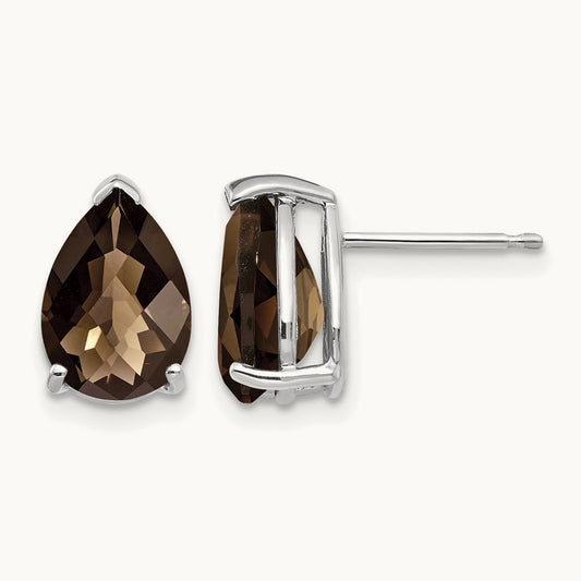10x7 Pear Checker-Cut Smoky Quartz Earrings, 14K White Gold