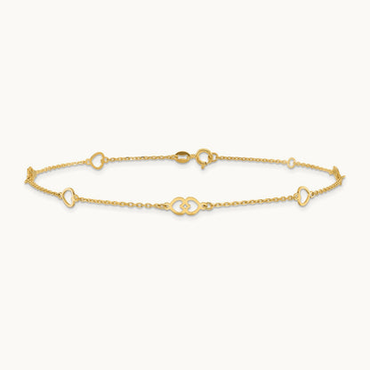 Polished Hearts 9in Plus 1 in ext. Anklet, 14K