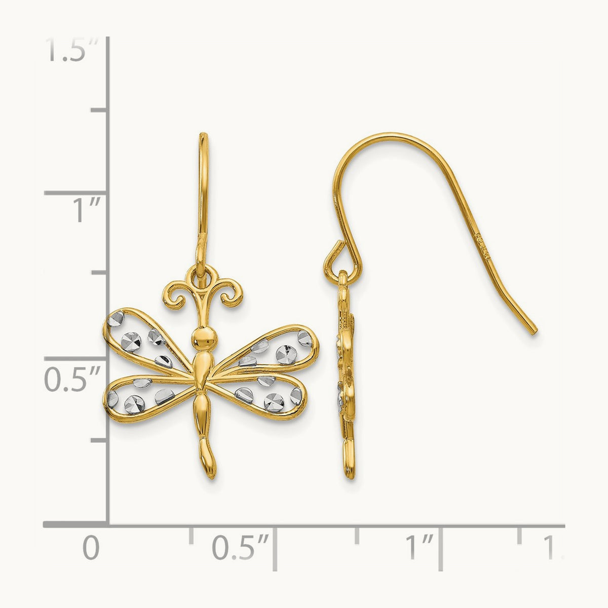 & Rhodium Diamond-cut Dragonfly Shepherd Hook Earrings, 14K