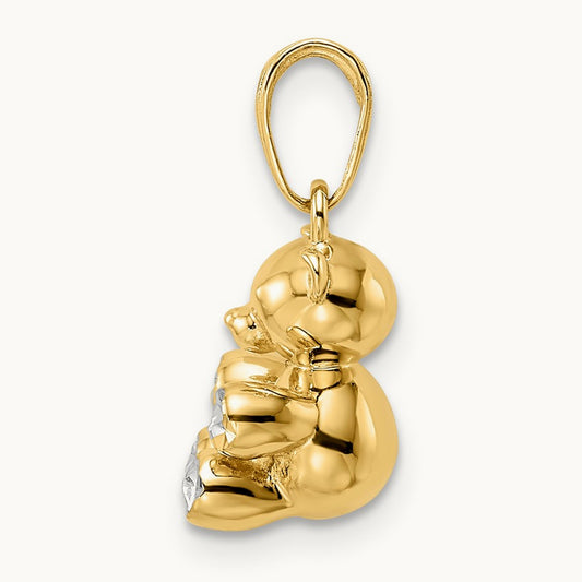 w/ White Rhodium 3D Diamond-cut Teddy Bear Pendant, 14K