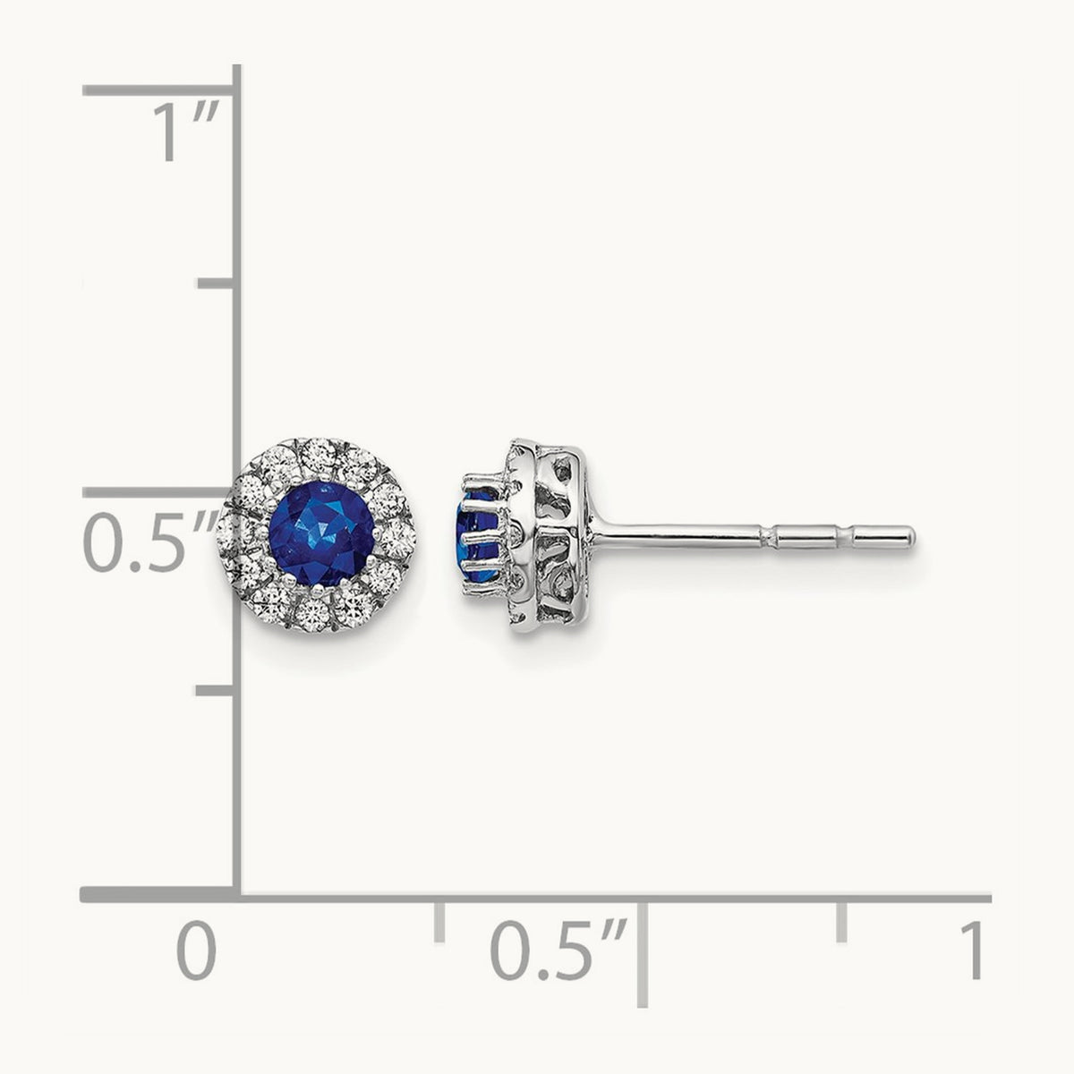 Diamond and Blue Sapphire Halo Post Earrings, 14K White Gold