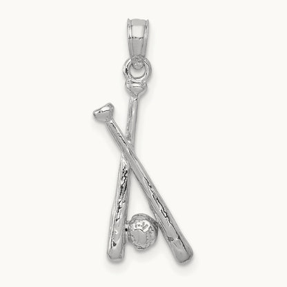 Polished Open-Back Bats and Baseball Pendant, 14K White Gold