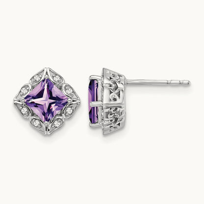 Square Amethyst and Diamond Earrings, 14K White Gold