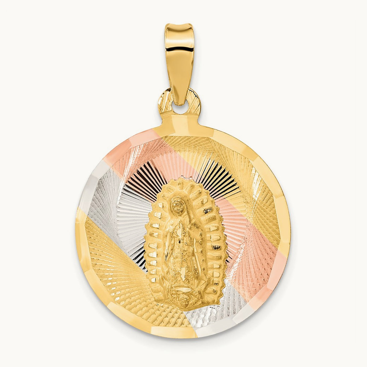 Polished Diamond-cut Lady Of Guadalupe Circle Pendant — 14K Two-Tone Gold, 34mm