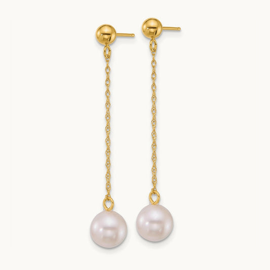 6.5- White Rnd Akoya Saltwater Cultured Pearl Dangle Earrings, 7mm, 14K