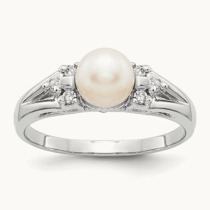 FW Cultured Pearl AA Diamond ring, 6mm, 14K White Gold