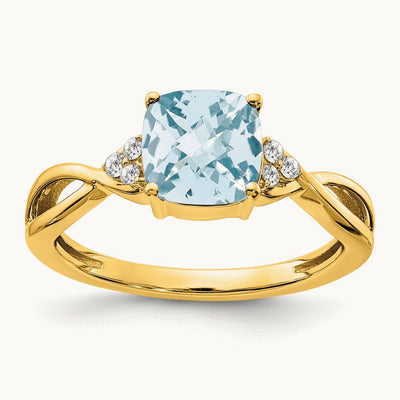 Checkerboard Aquamarine and Diamond Ring — 14K Yellow Gold, 7