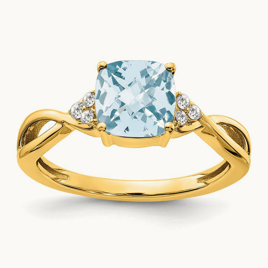 Checkerboard Aquamarine and Diamond Ring — 14K Yellow Gold, 7
