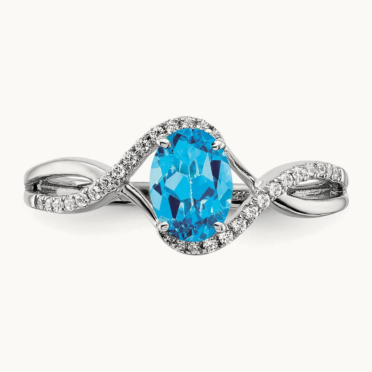 Oval Blue Topaz and Diamond Twist Ring, 14K White Gold