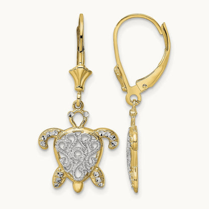 & White Rhodium D/C Filigree Turtle Leverback Earrings, 14K