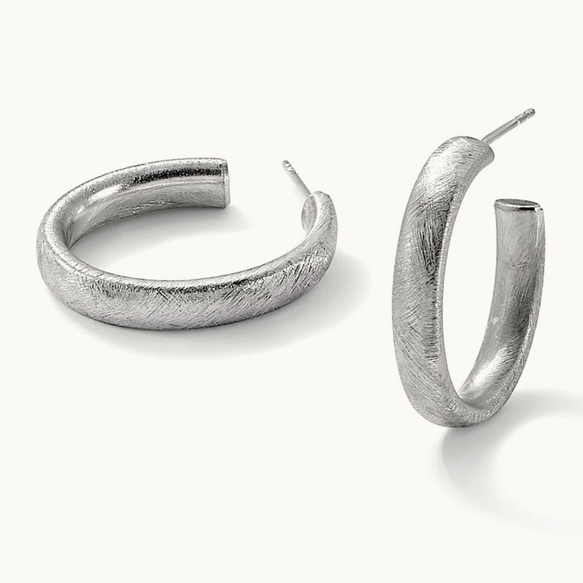 Rhodium-plated Brushed J-Hoop Post Earrings, Sterling Silver — Leslie's