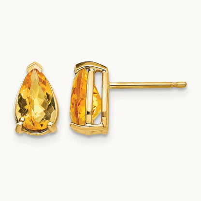 8x5mm Pear Citrine Checker Earrings, 14K