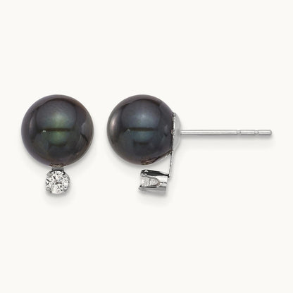 7- Round Black Akoya Pearl & .10ct Dia Post Earrings, 8mm, 14K White Gold