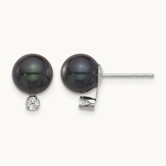7- Round Black Akoya Pearl & .10ct Dia Post Earrings, 8mm, 14K White Gold
